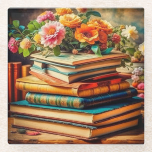 Antieke stapel vintage boeken en bloemen glazen onderzetter