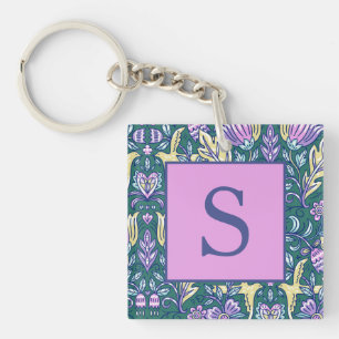 Antieke stijl bloemen en vogels patroon monogram sleutelhanger