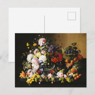 Antieke stilleven met bloemen en fruit van Severin Briefkaart