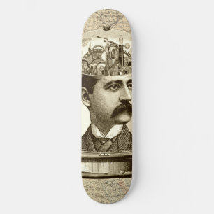 Antieke stoampunk klokwerk brein, snor man skateboard