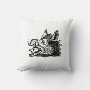 Antieke tekening van een wild zwijnenhoofd zwart-w kussen