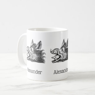 Antieke tekening van een wild zwijnenkop zwart-wit koffiemok