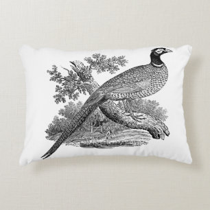 Antieke tekening van fazant, jachtvogel, zwart-wit decoratief kussen