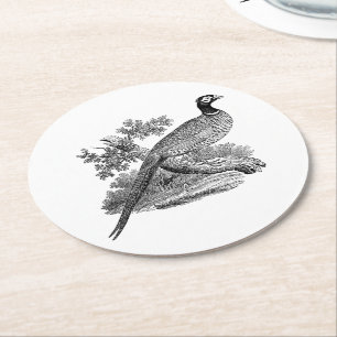 Antieke tekening van fazant, jachtvogel, zwart-wit ronde kartonnen onderzetter