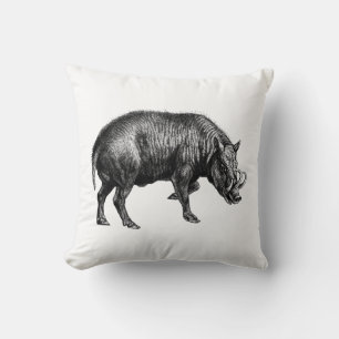 Antieke tekening van wild zwijn zwart-wit kussen