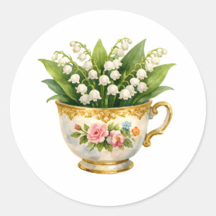 Antieke theekop met lelietje-van-dalen bloemen ronde sticker