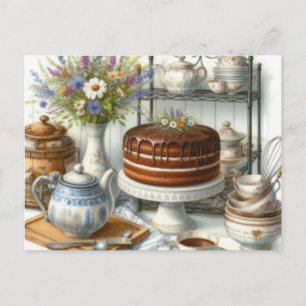 Antieke Theepot en Cake Theetijd Ansichtkaart Briefkaart