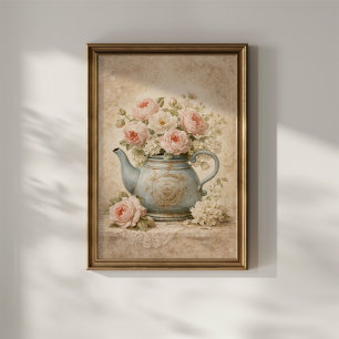 Antieke Theepot met Rozen Poster