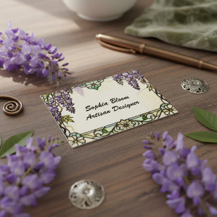 Antieke Tiffany-Stijl Wisteria Glas-in-Loodraam Visitekaartje