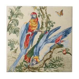 Antieke Tropische Papegaai en Vlinder Fijne Kunst Tegeltje