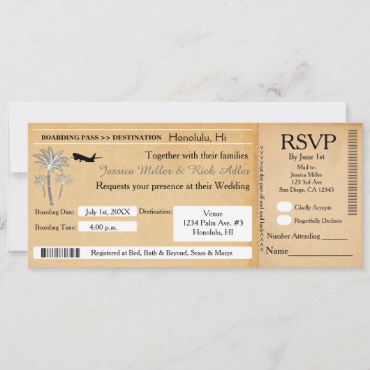 Antieke trouwbestemming ticket uitnodiging RSVP (Voorkant)