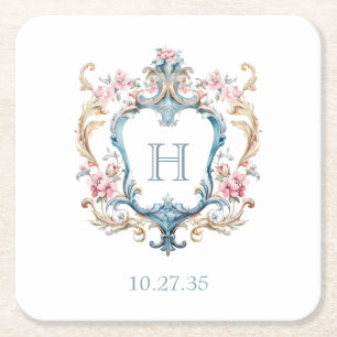Antieke Trouwerij met Monogram en Bloemen Crest Vierkante Kartonnen Onderzetter