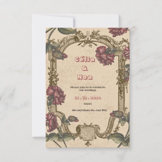 Antieke trouwkaart in bordeauxrood en beige RSVP kaartje (Voorkant)