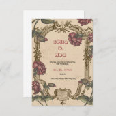 Antieke trouwkaart in bordeauxrood en beige RSVP kaartje (Voorkant / Achterkant)