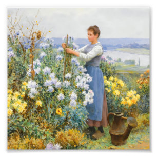Antieke Tuinmeisje en Wilde Bloemen Vintage Foto Afdruk