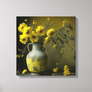 Antieke vaas met gele bloemen canvas afdruk