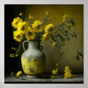 Antieke vaas met gele bloemen poster