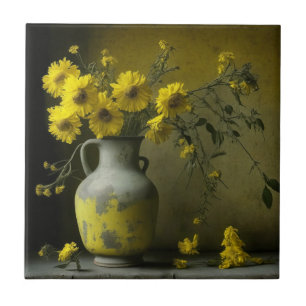 Antieke vaas met gele bloemen tegeltje