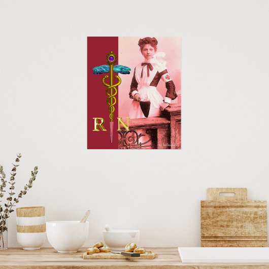 ANTIEKE VERPLEEGSTER en Gouden Caduceus NR Embleem Poster (Keuken)