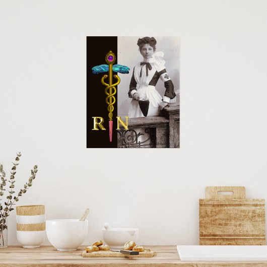 ANTIEKE VERPLEEGSTER en Gouden Caduceus NR Embleem Poster (Keuken)