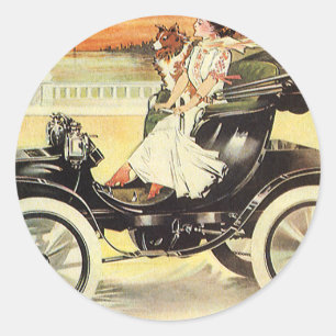 Antieke Vervoermiddelen, Vrouw in Open Auto Ronde Sticker
