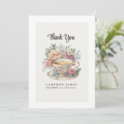 Antieke Victoriaanse bloem-theekop rozen theeparti Bedankkaart (Staand voorkant)