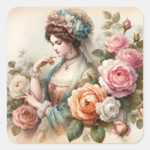 Antieke Victoriaanse dame en rozen aquarel Vierkante Sticker