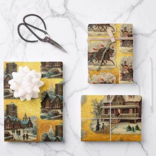 Antieke Victoriaanse Kerst Slede Kerk Oud Goud Inpakpapier Vel