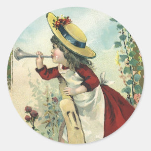 Antieke Victoriaanse kind, meisje dat bugel blaast Ronde Sticker