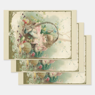 Antieke Victoriaanse kind, meisje lente fruitmand Inpakpapier Vel