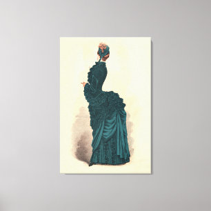 Antieke Victoriaanse Modeplaat: Teal Rococo-jurk Canvas Afdruk