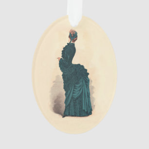 Antieke Victoriaanse Modeplaat: Teal Rococo-jurk Ornament