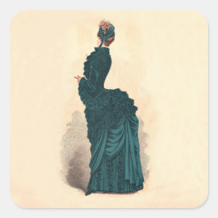 Antieke Victoriaanse Modeplaat: Teal Rococo-jurk Vierkante Sticker