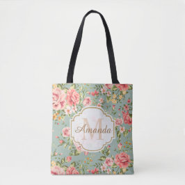 Antieke Victoriaanse Tuin Bloemige Monogram Naam Tote Bag