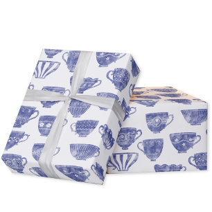 Antieke Vintage Blauwe Theekop Aquarel Cadeaupapier