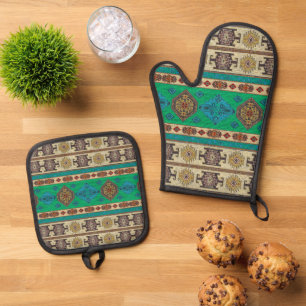 Antieke vintage groene blauwe Kilim Turkse vloerkl Ovenwant & Pannenlap Set