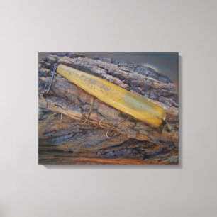 Antieke vislokvogel op drijfhout canvas afdruk