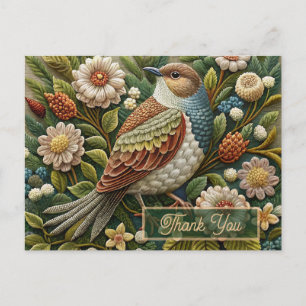 Antieke vogel in bos geborduurd uitzicht bedankt briefkaart