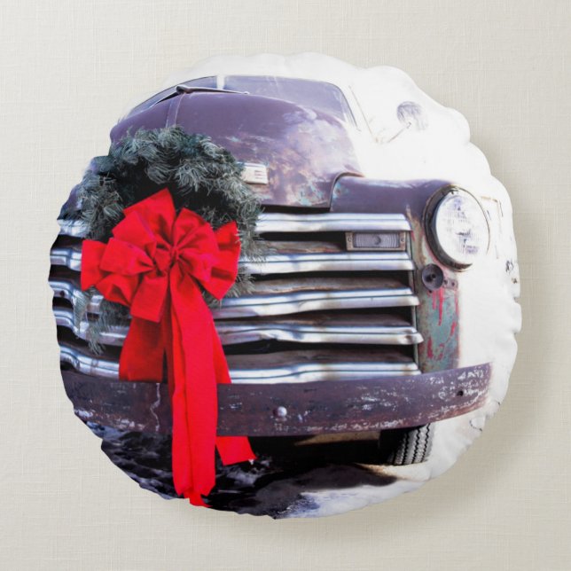 Antieke vrachtwagen met kerstkrans rond kussen (Voorkant)