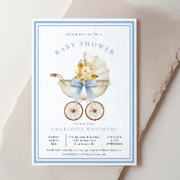 Antieke Wagentje Baby Shower  Hemelblauw & Gouden  Kaart