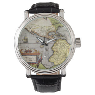 Antieke Wereldkaart van Amerika door Abraham Ortel Horloge