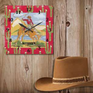 Antieke Western Cowboy Rodeo Kunst Wild West Thema Vierkante Klok