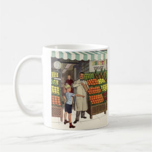 Antieke Winkel, Fruitkraam met Kruidenier en Jonge Koffiemok