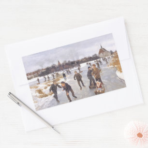 Antieke winters dorpsgezicht met schaatsers Fijne Rechthoekige Sticker