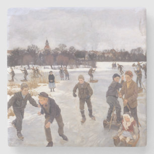 Antieke winterschaatsscène dorp fijnkunst stenen onderzetter