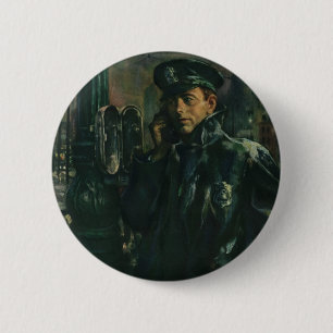 Antieke Zakelijke, Politieagent op Noodtelefoon Ronde Button 5,7 Cm