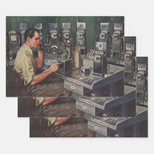 Antieke zakelijke telefonie monteur voor betaaltel inpakpapier vel