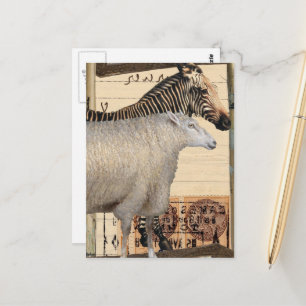 Antieke zebra- en schapen mixed media-collage briefkaart