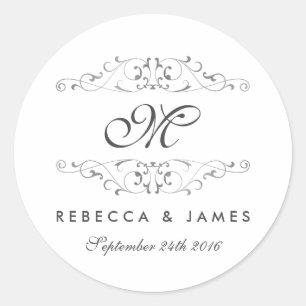 Antieke zilveren bloemige monogram trouwstickers ronde sticker
