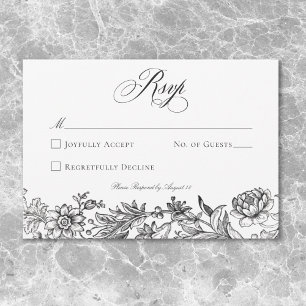 Antieke zwart-wit bloem tapestry trouwjurk RSVP kaartje
